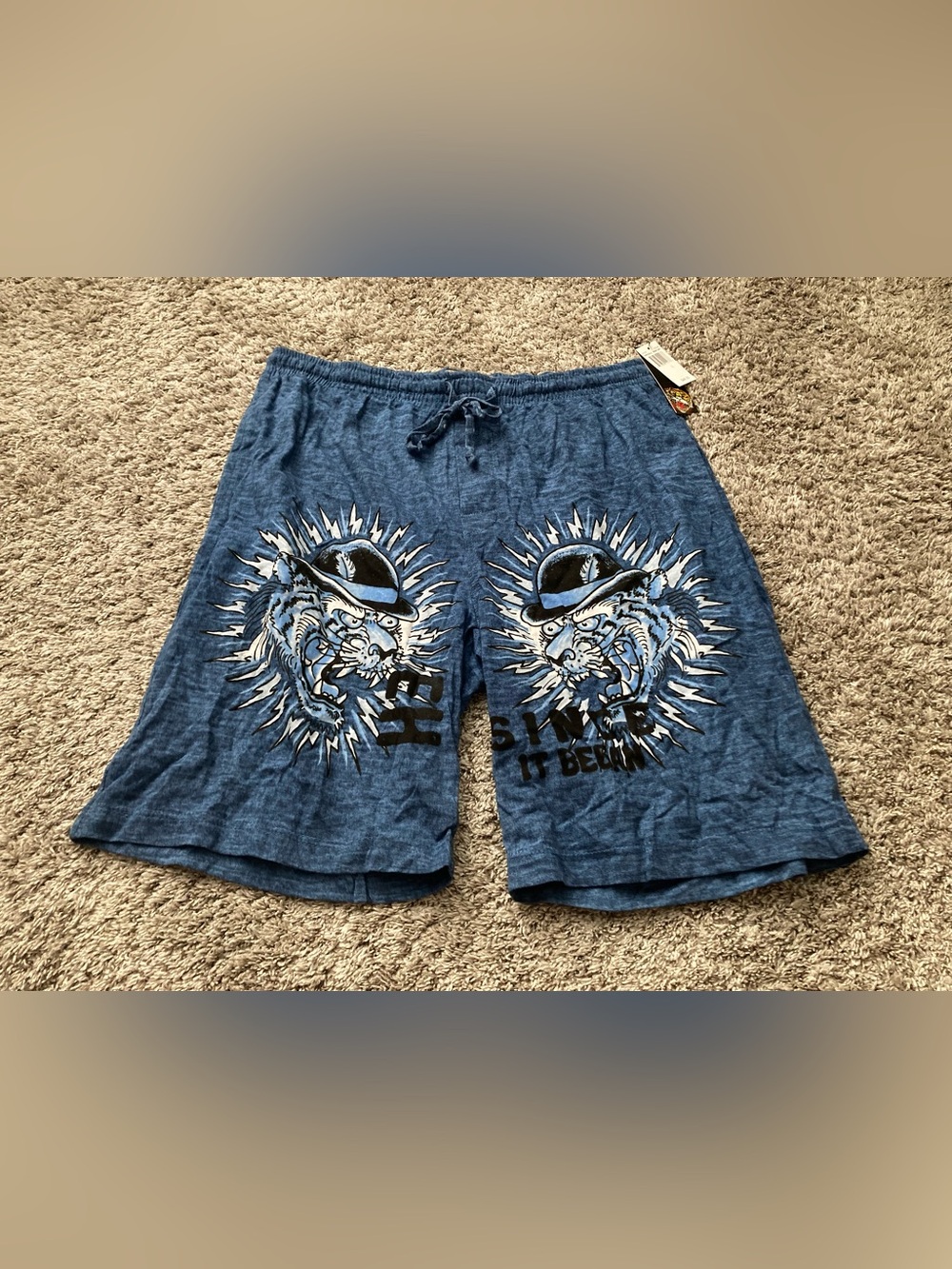 Ed Hardy Men Lounge Shorts Medium L Heavy Sky Blue Cotton Tiger Bowler Hat NWT